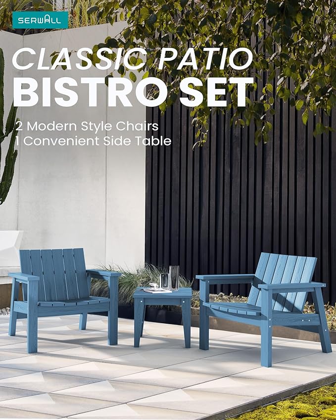 SERWALL Adirondack Chair Set, Includes Adirondack Chairs Set of 2 and 1 Piece Outdoor Side Table, HDPE Bistro Set- Blue
