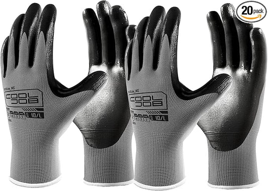 COOLJOB 20 Pairs Nitrile Dipped Safety Work Gloves with Grip, Non-slip Rubber Coated Bulk Garden Gloves for Men, Heavy-duty Oil Resistant for Truck Driver, Warehouse Box Handler, Medium, Gray