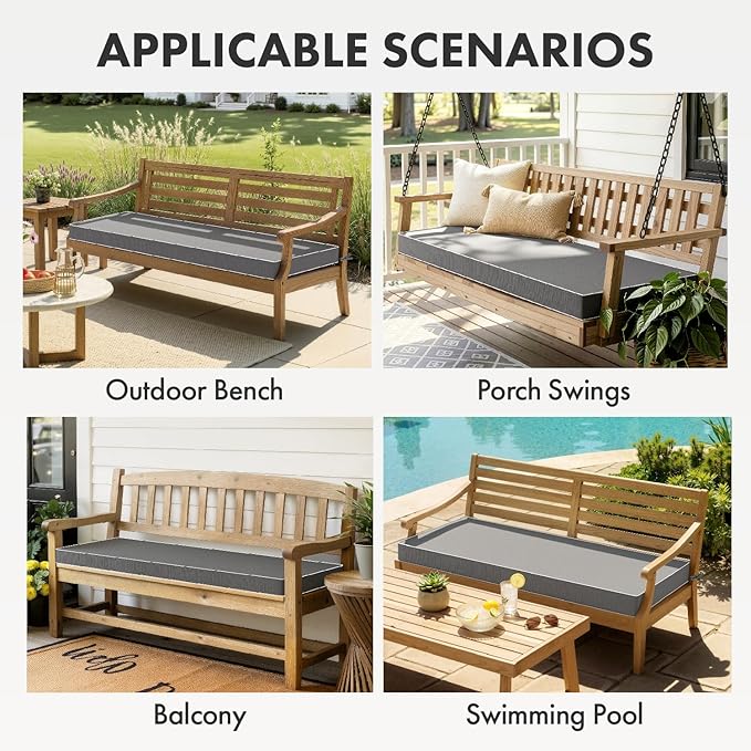 MIULEE Dark Grey Outdoor Bench Cushion 42x18x3 Inch Waterproof 3-Year Color Fastness Patio Furniture Cushions for Porch Swing, Garden Bench Sofa Couch with Adjustable Ties No Slip Design
