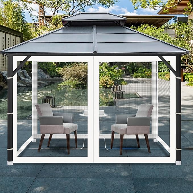Gazebo Universal Replacement Mosquito Netting, 10' x 10' Outdoor Mesh Netting Screen 4-Panel Sidewall with Zipper for Patio, Canopy, Garden and Backyard, White (Mosquito Net Only)