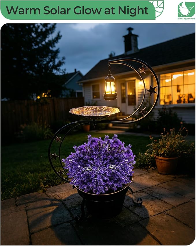 Solar Bird Bath for Outside, Vintage Metal Bath Bowl Standing Birdbaths with Flower Planter for Garden Yard Lawn Decor