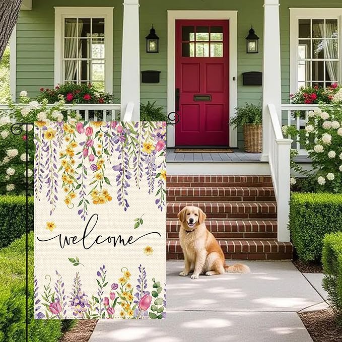 Spring Summer Wisteria Wildflowers Welcome Garden Flag 12 x 18 Inch Double Sided, Daffodils Floral Burlap Small Yard Flag Holiday Farmhouse Flags for Patio Outdoor Outside Decoration