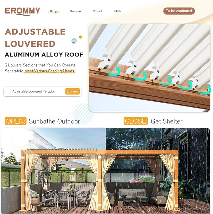 EROMMY Louvered Pergola 12x20, Outdoor Aluminum Pergola with Adjustable Rainproof Roof for Garden, Patio, Deck, Waterproof Curtains and Netting Included, Wood Grain