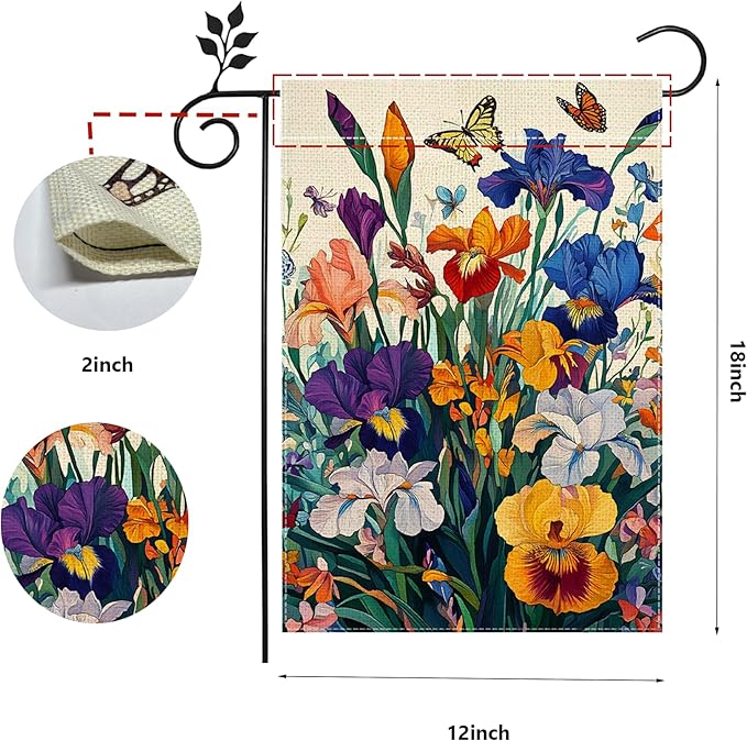 Iris Garden Flag 12x18 Double Sided, Spring Floral Welcome Yard Decor, Farmhouse Outdoor Flag for Lawn Patio Porch