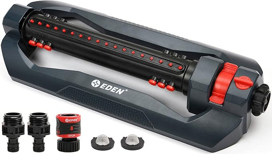 Eden 96212 Turbo Oscillating Sprinkler | Covers Up to 4,400 sq. ft., 18 Precision Nozzles, Adjustable Range, Flow Control, Triple Nozzle Width Switches, Turbo Drive Motor, Quick Connect Bundle