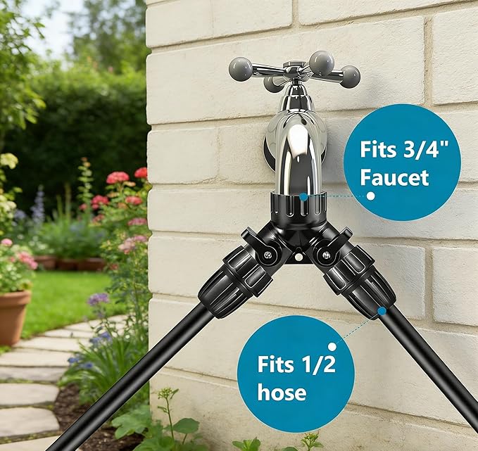 1/2 Inch Drip Irrigation Hose to Faucet Adapter for Drip Irrigation Tubing (.520" ID,.600" – .650" OD), 2 Way Y Water Splitter Connector for 3/4" Inch Garden Hose Spigot Faucet Bib