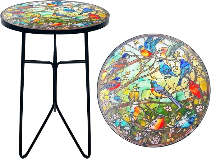 Mosaic Hummingbird Outdoor Side Tea Table, Glass Plant Tables Indoor Decorative Metal Patio Table, Outdoor Tables Unique Furniture - Weather-Resistant Patio Valentine's Day Decor