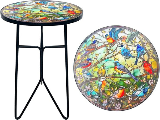 Mosaic Hummingbird Outdoor Side Tea Table, Glass Plant Tables Indoor Decorative Metal Patio Table, Outdoor Tables Unique Furniture - Weather-Resistant Patio Valentine's Day Decor