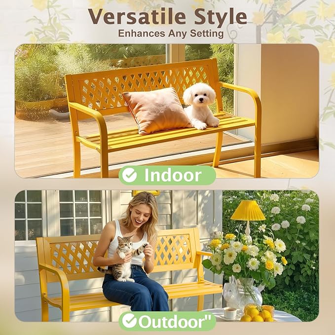 47" Outdoor Garden Bench, Patio Metal Frame Park Bench with Mesh Pattern Backrest for Porch, Lawn, Deck