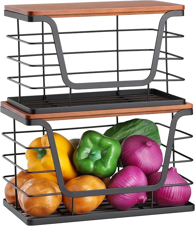 ALOCEO 2 Pack Stackable Storage Bins with Lids, Stainless Steel Extra Large Trash Bag Dispenser Roll Holder for Kitchen Sink, Laundry, Pantry Organizer and Storage, Walnut Black