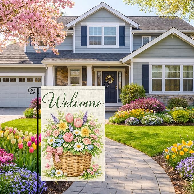 Heyfibro Welcome Spring Floral Basket Garden Flag 12x18 Inch Double Sided Spring Tulip Daffodil Garden Flag Small Yard Flags for Outside House Farmhouse Seasonal Outdoor Decorations
