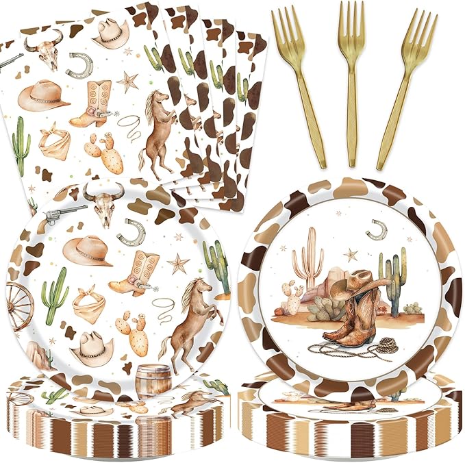 48Pcs Western Cowboy Party Decorations Western Cowboy Horse Dessert Plates Napkins and Forks Party Supplies Set for 16 Guests