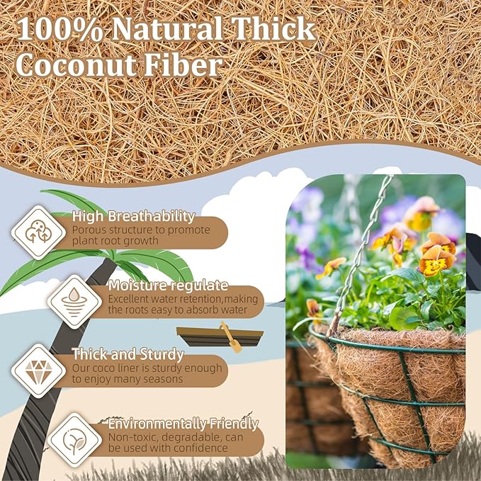 Legigo 4 Pack 16 Inch Hanging Basket Coco Liners Replacement, 100% Natural Round Coconut Coco Fiber Planter Basket Liners for Hanging Basket Flowers/Vegetables