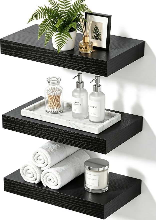 Black Floating Shelves for Bathroom, 12 Inch Small Shelves Set of 3 | Wall Mounted Floating Shelves, 33lbs Max Load, Hidden Brackets, Easy Install, Bedroom Living Room Decor Display Storage