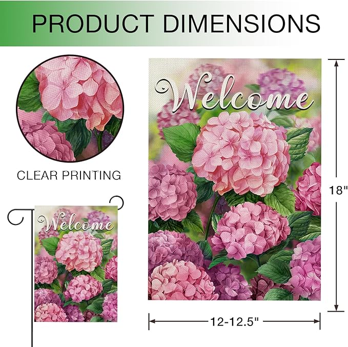Hzppyz Welcome Spring Summer Hydrangea Garden Flag Double Sided, Pink Floral Flower Decorative Yard Outdoor Home Small Decor, Seasonal Burlap Outside House Decoration 12 x 18