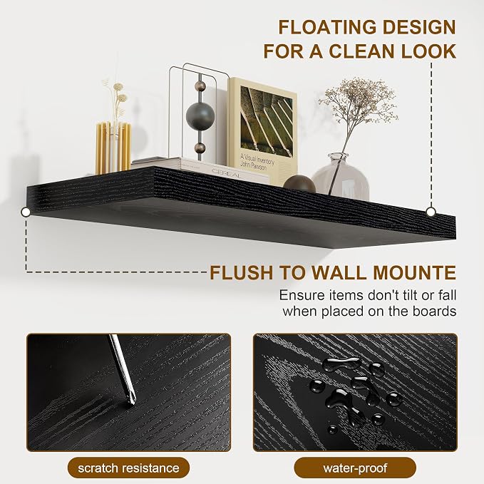 Fun Memories 55 Inch Floating Shelves for Wall 2 Pack Shelves for Bedroom|Kitchen|Bathroom Wall Mounted Rustic Wood Floating Shelf with Invisible Brackets for Books|Storage|Decor, Black