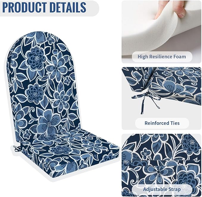 Outdoor Foam Adirondack Cushion, Water Repellent Foam Cushion for Adirondack Chairs Patio Furniture, 44 x 19 Inch, Flower Navy