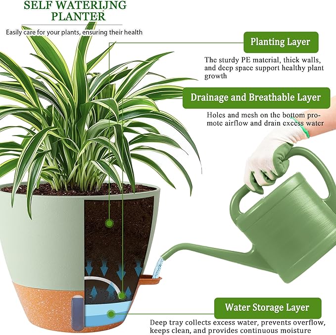 2 Pack 10 inch Plant Pots, Plastic Self Watering Planters with Drainage Holes, Deep Reservoir, Water Level Indicator, Modern Decorative Flower Pots for Indoor Outdoor Plants (Green, 10 inch)