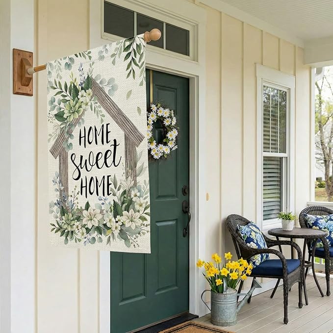 CROWNED BEAUTY Spring Home Sweet Home House Flag Eucalyptus Double Sided 28x40 Inches Large Burlap Welcome Holiday Seasonal Yard Decoration for Outside Porch