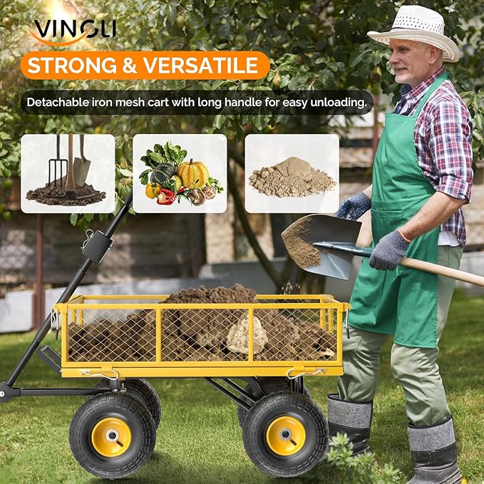 VINGLI Heavy Duty 900 LBS Mesh Steel Garden Cart, Dump Detachable Utility Wheelbarrow, Yard and Garden Wagon Cart with Removable Sides and 10 Inch Wheels(Yellow)
