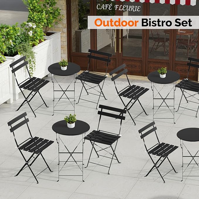 VINGLI Outdoor Folding Bistro Table and Chairs Set of 2, 3-Piece Bistro Set with Premium Steel Frame for Patio, Balcony, Garden, Porch, Yard, Black