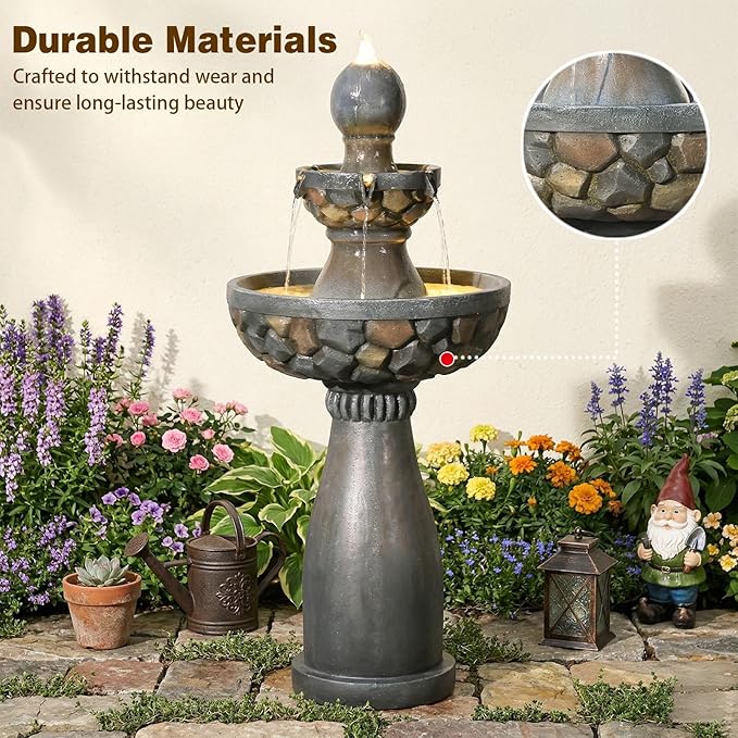 Sunlinua 46.5H 3-Tier Outdoor Water Fountain with LED Lights Italian Resin Garden Fountain for Patio Garden Weather-Resistant Cascading Waterfall Feature with Quiet Pump Elegant Décor Black Gray