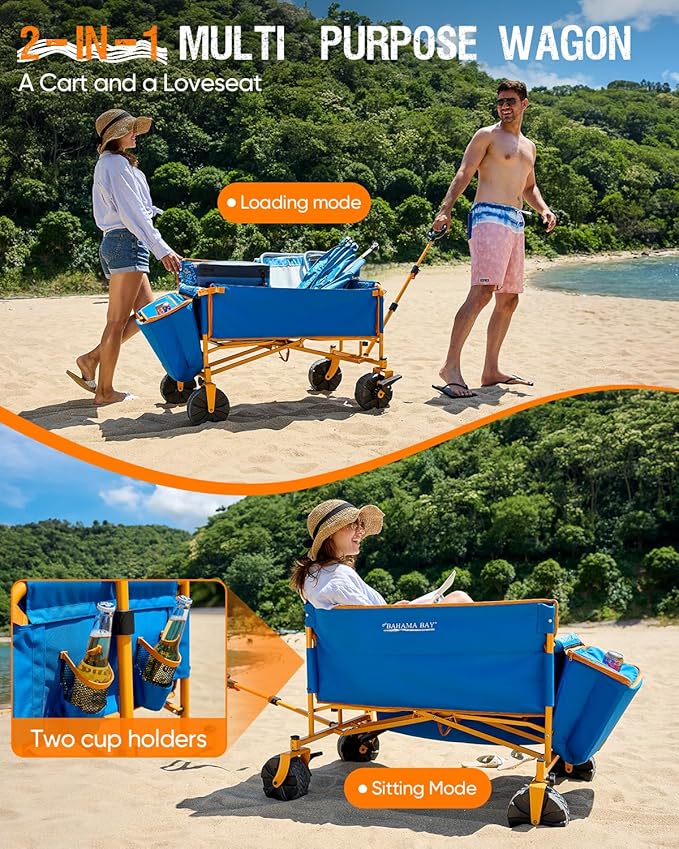 Old Bahama Bay 500lbs Love-Seat Wagon 3-in-1 Bench Wagon Seat for 2 Adults & Heavy Duty Utility Cart, 31L Detachable Cooler Bag, Adjustable Handle &Cup Holders,Perfect for The Beach, Sport, Camping