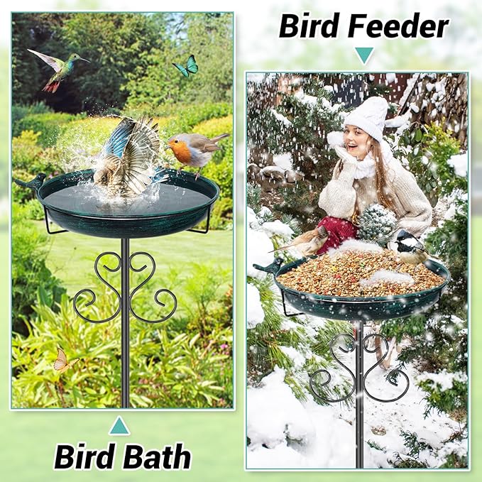 Metal Bird Bath for Outdoors, Vintage Freestanding Birdbaths with Bird Statue 12" Detachable Birdfeeder Bowl with 5- Pronged Base for Outside Garden Patio Yard Lawn Decor (Vintage Green)