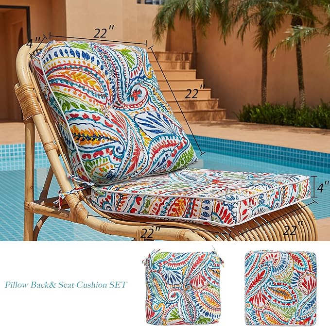 JMGBird Seat/Back Outdoor Chair Cushion Tufted Pillow, Deep Seat Cushion Set 22"x22", Outdoor Cushion for Patio Furniture