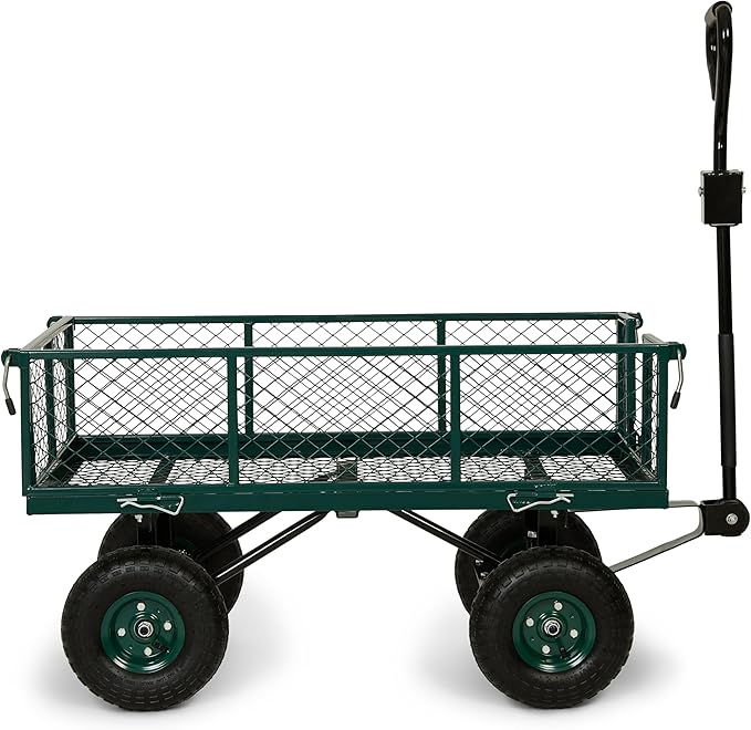 Backyard Expressions Heavy Duty Garden Cart 600 lb, 38" x 20" Steel Bed Utility Wagon with Removable Mesh Sides, Powder-Coated Frame, 10" Pneumatic Wheels, Pull Handle Yard/Lawn Hauler