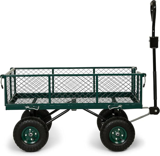 Backyard Expressions Heavy Duty Garden Cart 600 lb, 38" x 20" Steel Bed Utility Wagon with Removable Mesh Sides, Powder-Coated Frame, 10" Pneumatic Wheels, Pull Handle Yard/Lawn Hauler
