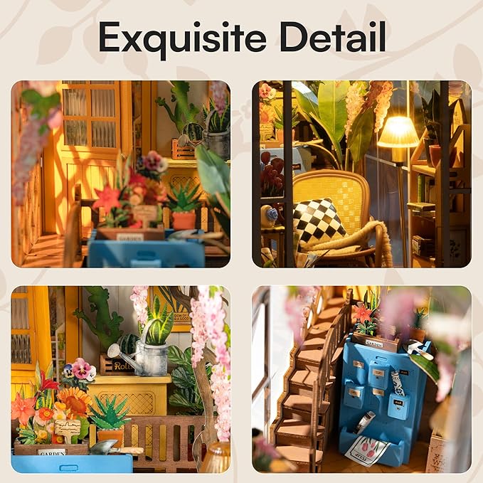 ROBOTIME Book Nook Kit - DIY Miniature House Kit, 3D Wooden Puzzle Booknook, Bookend Bookshelf Insert Decor with LED Light, DollhouseTiny House Hobby Diorama Kit Unique Gifts (Garden House)