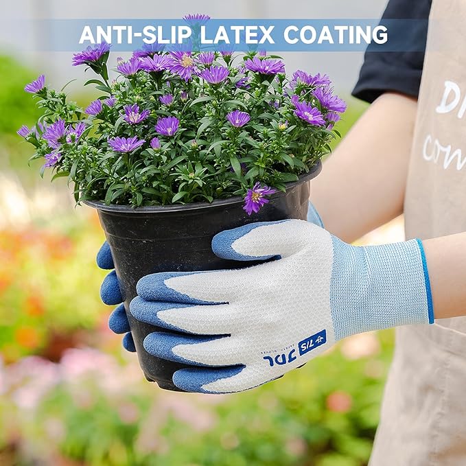 JDL Gardening Gloves for Women, 2 Pairs Breathable Latex Coated Yard Garden Gloves, Rubber Outdoor Protective Work Gloves with Grip, Blue, Small Size
