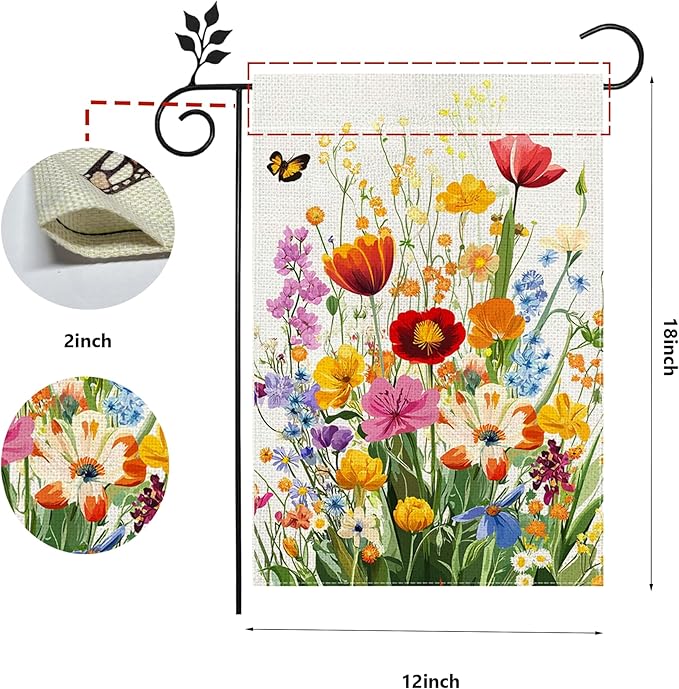 Spring Summer Floral Garden Flag 12x18 Inch Double Sided, Colorful Welcome Yard Decor, Farmhouse Outdoor Flag for Lawn Patio Porch