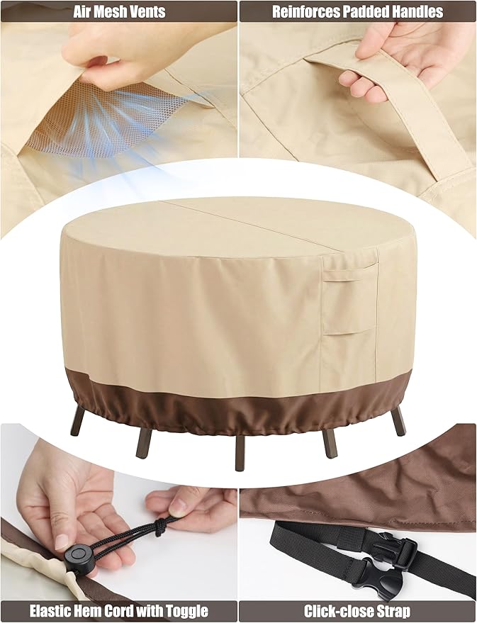 Vailge Patio Furniture Covers Round, Outdoor Furniture Covers Waterproof Windproof, 600D Oxford Outdoor Patio Table and Chair Cover(Beige&brown, 72"DIAx28"H)