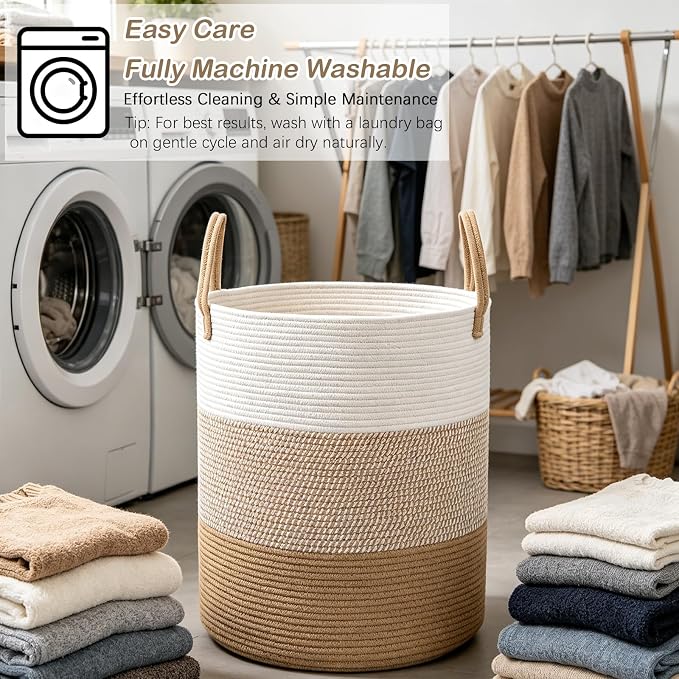55L Woven Laundry Basket,Large Clothes Hamper with Handles- Yellow