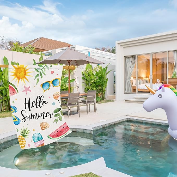 Hello Summer House Flag 28x40 Inch Double Sided for Outside, Burlap Colorful Sun Ice Cream Fruits Beach Sign Yard Outdoor Decoration