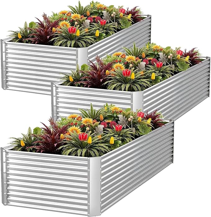 3pcs Tall Galvanized Raised Garden Bed Outdoor,Steel Garden Bed for Vegetables,Above Ground Garden Box for Flower,Metal Raised Beds for Gardening - 4x2ft