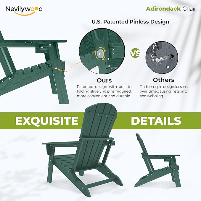 nevilywood Folding Adirondack Chairs Set of 2, All-Weather Fade-Resistant Design with Cup Holders, Great for Patio, Balcony & Outdoor Spaces,Green