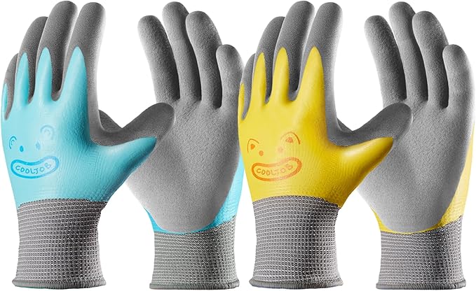 COOLJOB Double Coated Kids Gardening Gloves with Grip, Non-Slip Waterproof Rubber Work Gloves for Boys and Girls Ages 6-9, Anti-slip Durable and Super Soft, Blue & Yellow, 2 Pairs, Large