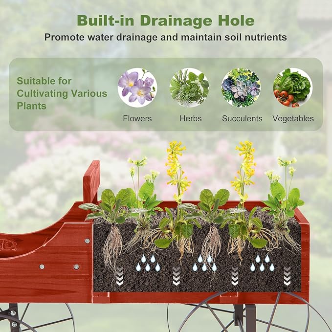 Wooden Wagon Planter, Decorative Flower Pots w/ 2 Planting Sections, Wheels & Handle, Rustic Farmhouse Garden Planter Box for Patio, Yard, Porch (Red)