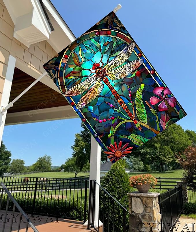 Stained Glass Spring Dragonfly House Flag 28x40 Inch Double Sided for Outside, Floral Large Burlap Yard Flag Seasonal Farmhouse Outside Outdoor Decor
