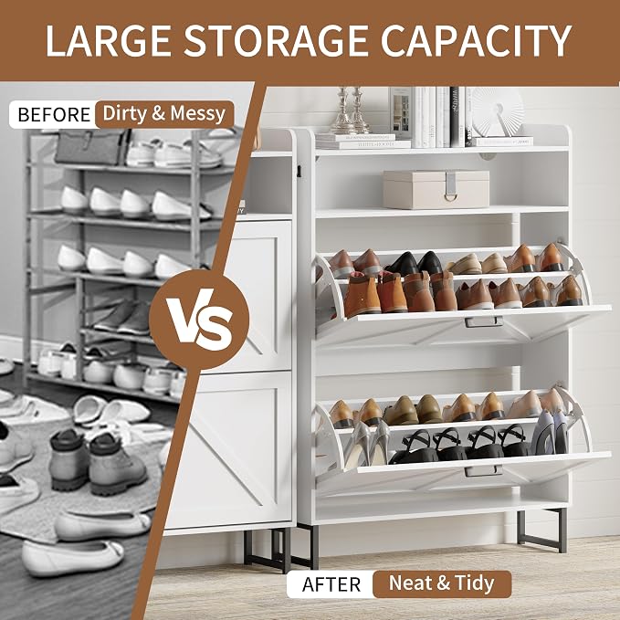 Xixini Shoe Storage Cabinet with 2 Flip Drawers, Entryway Shoe Rack, White