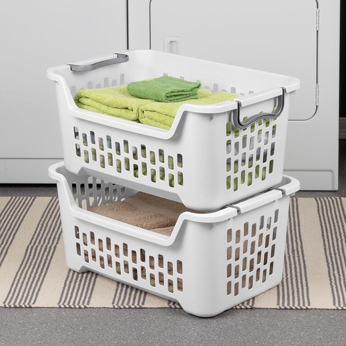 Sterilite 24 Pack Stacking Laundry Basket, 2 Bushel Clothes Hamper, White | Stackable Laundry Basket, Large Rectangular Storage Bin with Carrying Handles and Large 2 Bushel Capacity