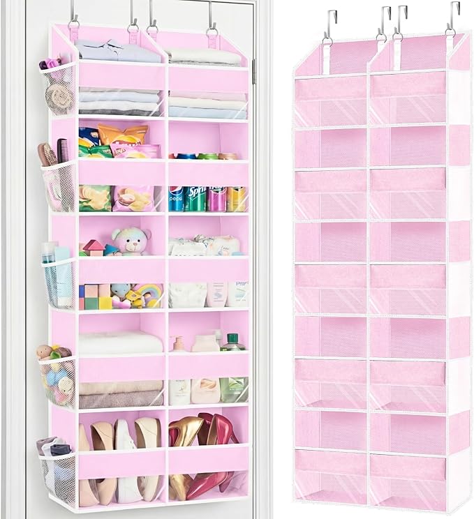 Ofiray-home Pink Over The Door Organizer 5 Tiers, Extra Large Behind Door Storage of 10 Compartments, 50 lbs Weight Capacity Over The Door Storage for Closet, Diaper Organizer