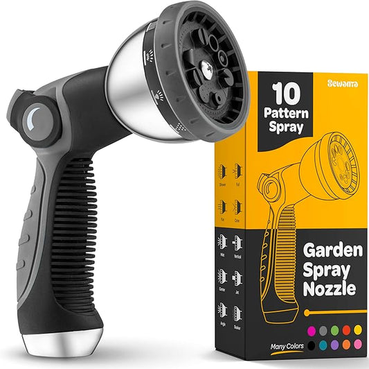 Hose Nozzle [Silver] Heavy Duty Hose Sprayer With 10 Adjustable Watering Patterns. Thumb Control Design, Comfortable Ergonomic Grip, Garden Hose Nozzle for Watering Plants & Lawns/Fun showers/Cleaning