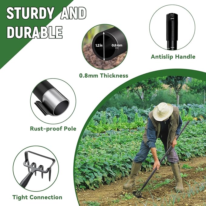 Stirrup Hoe, Heavy Duty Hula Hoe with 32-62" Adjustable Long Handle, 2 in 1 Action Hoe with Cultivator Rake, Scuffle Hoe, Hula Hoe Garden Tool for Weeding Grass, Loosening Soil, Sharp Blade, Black