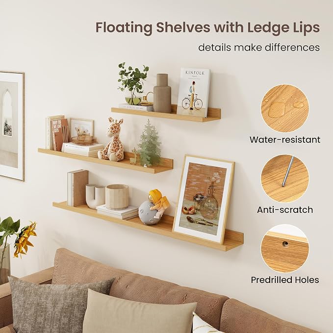 Axeman 40 Inch Floating Shelves, Oak Picture Ledge Shelf Set of 3