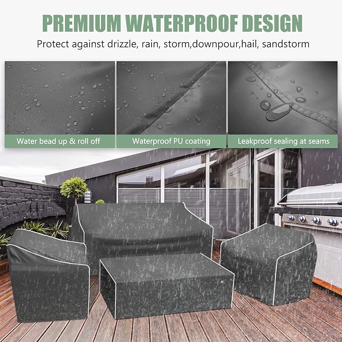 Gasadar Patio Furniture Covers, 4-Piece Outdoor Furniture Cover Waterproof for Patio Loveseat, Chair and Coffee Table, 500D Heavy Duty, Grey