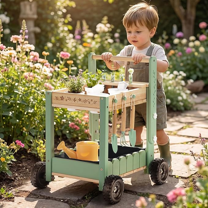 ROBOTIME Kids Gardening Tools with Cart Wheelbarrow - Wooden Outdoor Garden Toys Set with Watering Can, Shovel, Hand Rake & Plant Labels, Outdoor Backyard Play Toys for Toddler Gift (Green)